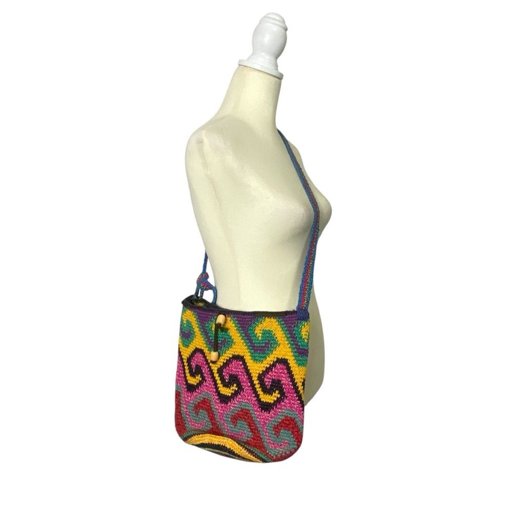 Women's Boho Artisanal Colorful Crochet/Knit Crossbody Bag W/ Drawstring Closure